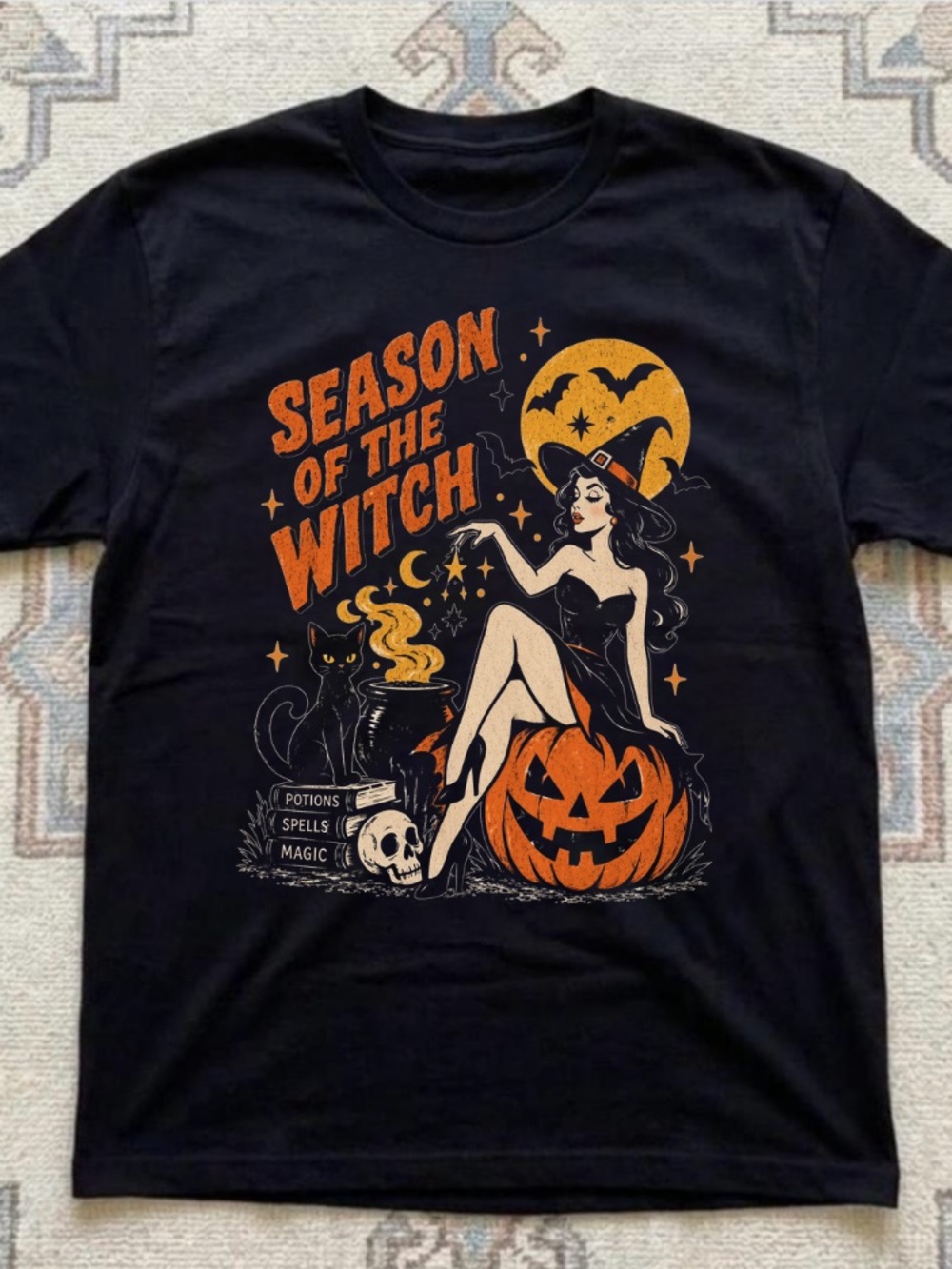 Season Of The Witch Halloween Pumpkin Cat Skull Vintage Black T-Shirt